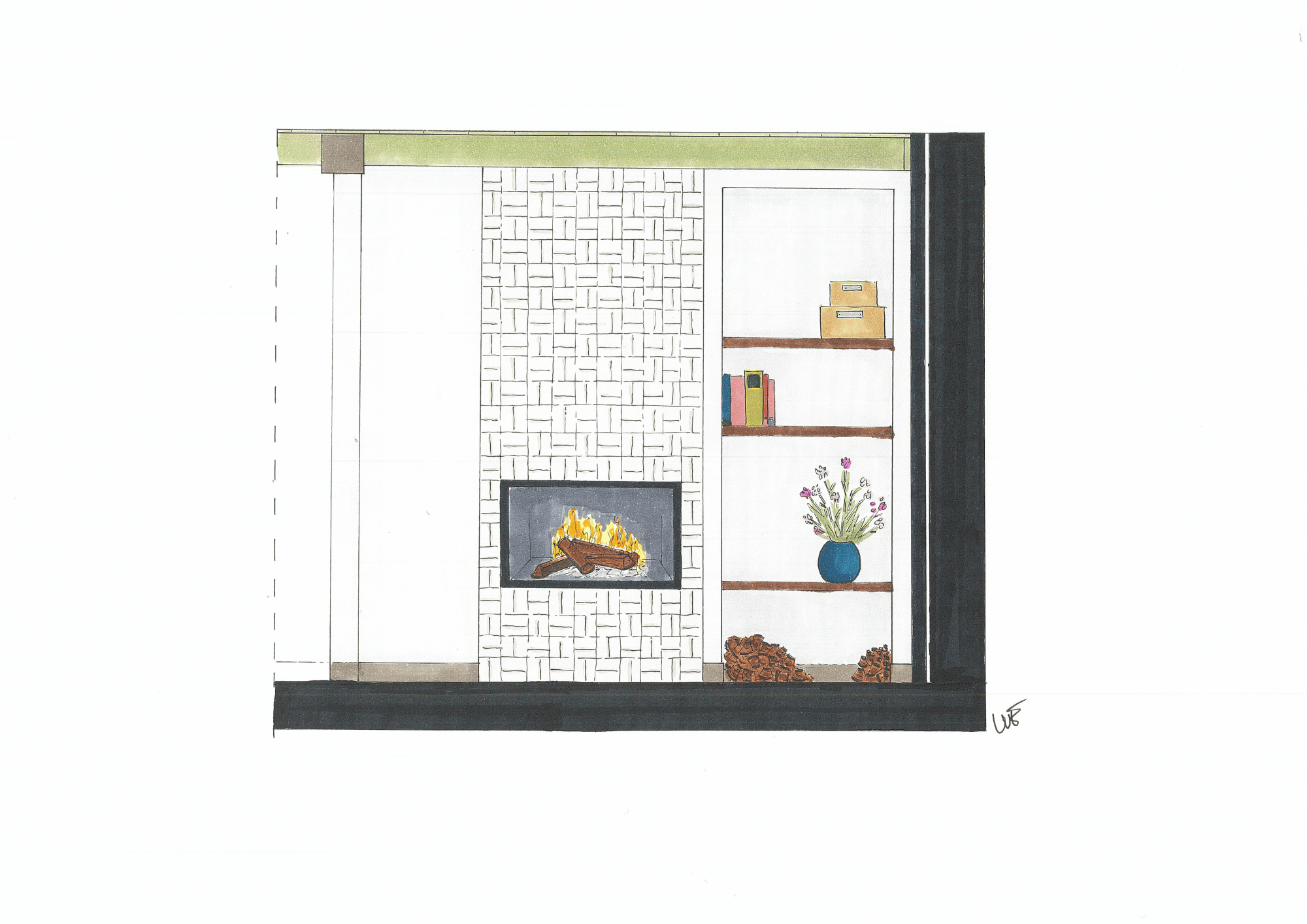 tekening aanzicht haard met vakkenkast